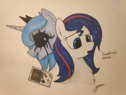 Size: 936x702 | Tagged: safe, artist:brisineo, derpibooru import, princess luna, oc, oc:nasapone, alicorn, pony, loony luna, behind you, black sclera, game boy, jewelry, marker drawing, miasma, regalia, s1 luna, simple background, smiling, style emulation, text, traditional art, white background