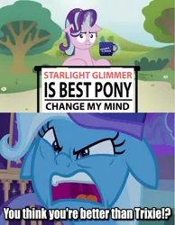 Size: 2552x3296 | Tagged: derpibooru import, edit, edited screencap, floppy ears, marks for effort, meme, safe, screencap, starlight glimmer, to where and back again, trixie, trixie's wagon