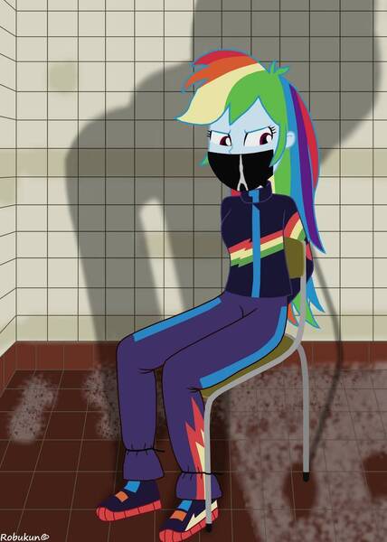 Size: 755x1058 | Tagged: safe, artist:robukun, derpibooru import, rainbow dash, equestria girls, arm behind back, bondage, gag, tape, tape gag, tied to chair, tied up