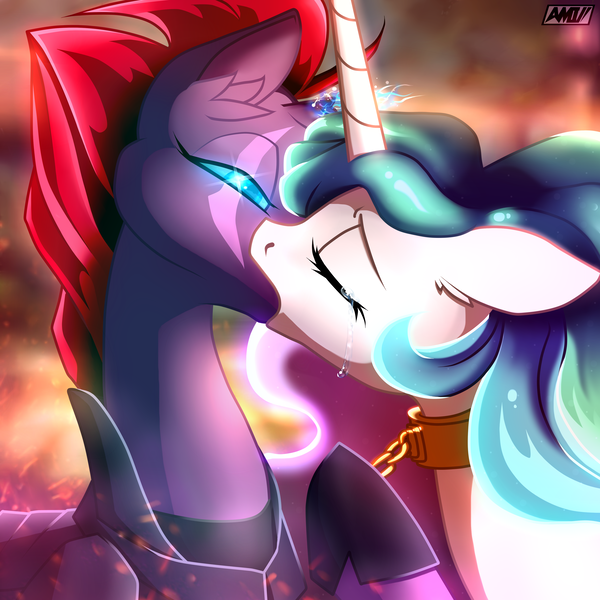 Size: 3500x3500 | Tagged: safe, artist:amiro, artist:candasaurus, derpibooru import, princess celestia, tempest shadow, alicorn, pony, unicorn, my little pony: the movie, armor, bedroom eyes, bondage, broken horn, chains, collar, crying, eyes closed, female, femdom, femsub, floppy ears, forced, forced kiss, hoof hold, horn, horns are touching, kissing, leash, lesbian, mare, shipping, sparking horn, sublestia, submissive, tempestia