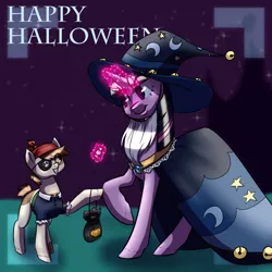 Size: 1080x1080 | Tagged: safe, artist:graphic-ginger, derpibooru import, pipsqueak, twilight sparkle, pony, candy, clothes, colt, costume, duo, eye clipping through hair, female, food, halloween, holiday, magic, male, mare, night, nightmare night, nightmare night costume, pirate, smiling, speedpaint available, star swirl the bearded costume, stars, telekinesis