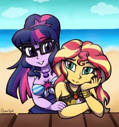 Size: 1154x1236 | Tagged: safe, artist:queentigrel, derpibooru import, sci-twi, sunset shimmer, twilight sparkle, equestria girls, beach, bikini, clothes, duo, female, glasses, looking at you, ocean, smiling, swimsuit
