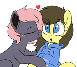 Size: 1529x1333 | Tagged: safe, artist:notenoughapples, derpibooru import, oc, oc:retro hearts, oc:vedalia rose, oc:vee, pegasus, pony, clothes, cute, female, hoodie, kissing, lesbian, oc x oc, shipping, simple background, transparent background