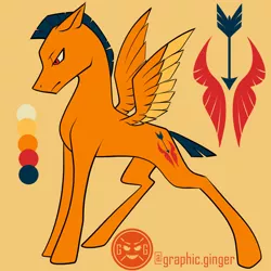 Size: 1080x1080 | Tagged: safe, artist:graphic-ginger, derpibooru import, oc, unofficial characters only, pony, adoptable, cutie mark, floppy ears, lidded eyes, male, reference sheet, simple background, solo, spread wings, stallion, wings, yellow background