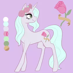 Size: 1080x1080 | Tagged: safe, artist:graphic-ginger, derpibooru import, oc, unofficial characters only, pony, unicorn, adoptable, cutie mark, female, floral head wreath, flower, head turn, mare, reference sheet, rose, solo