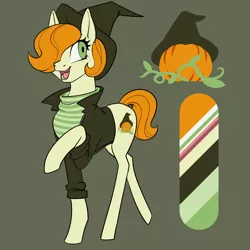 Size: 1080x1080 | Tagged: safe, artist:graphic-ginger, derpibooru import, oc, unofficial characters only, earth pony, pony, adoptable, clothes, cutie mark, female, hat, jacket, mare, pumpkin, raised hoof, reference sheet, simple background, solo, sweater, witch hat