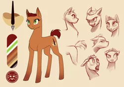 Size: 2912x2059 | Tagged: safe, artist:graphic-ginger, derpibooru import, oc, oc:desert dust, unofficial characters only, earth pony, pony, cutie mark, expressions, female, mare, reference sheet, short mane, simple background, smiling, solo, yellow background