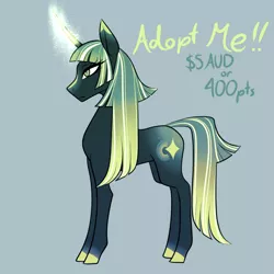 Size: 1080x1080 | Tagged: safe, artist:graphic-ginger, derpibooru import, oc, unofficial characters only, pony, unicorn, adoptable, blaze (coat marking), curved horn, cutie mark, female, glowing horn, horn, mare, profile, simple background, solo