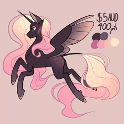Size: 1080x1080 | Tagged: safe, artist:graphic-ginger, derpibooru import, oc, unofficial characters only, alicorn, pony, adoptable, alicorn oc, blank flank, ethereal mane, female, flying, horn, leonine tail, mare, pink background, reference sheet, simple background, smiling, solo, starry mane, wings