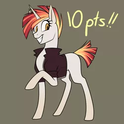 Size: 1080x1080 | Tagged: safe, artist:graphic-ginger, derpibooru import, oc, unofficial characters only, pony, unicorn, adoptable, blank flank, brown background, clothes, female, grin, jacket, mare, raised hoof, simple background, smiling, solo