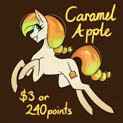 Size: 1080x1080 | Tagged: safe, artist:graphic-ginger, derpibooru import, oc, oc:caramel apple, unofficial characters only, earth pony, pony, adoptable, brown background, cutie mark, female, freckles, grin, looking at you, mare, simple background, smiling, solo