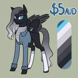 Size: 1080x1080 | Tagged: safe, artist:graphic-ginger, derpibooru import, oc, unofficial characters only, pegasus, pony, adoptable, blank flank, clothes, female, jacket, looking at you, mare, reference sheet, shirt, simple background, socks, solo, spread wings, striped shirt, wings