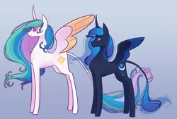 Size: 1280x864 | Tagged: safe, artist:graphic-ginger, derpibooru import, princess celestia, princess luna, alicorn, pony, alternate cutie mark, curved horn, duo, female, gradient background, horn, leonine tail, mare, missing accessory, profile, redesign, royal sisters, smiling