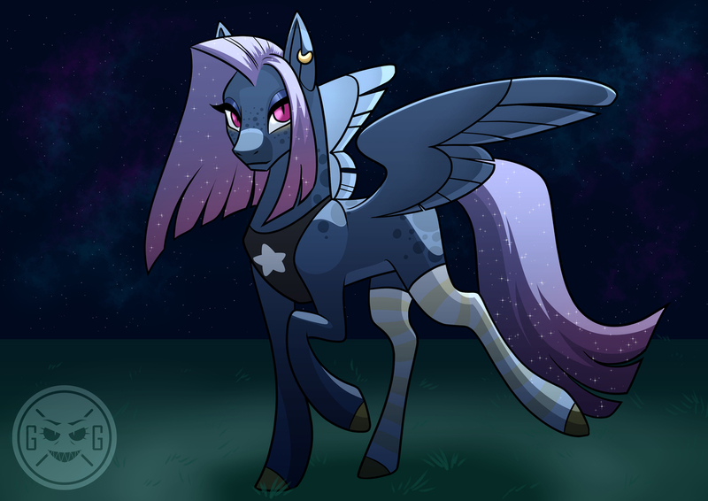 Size: 1280x905 | Tagged: safe, artist:graphic-ginger, derpibooru import, oc, oc:lena, unofficial characters only, pegasus, pony, artfight, clothes, dappled, ear piercing, earring, ethereal mane, female, jewelry, looking at you, mare, night, piercing, raised hoof, slit eyes, socks, solo, spread wings, starry mane, wings