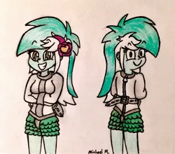 Size: 2224x1958 | Tagged: safe, artist:michaelmaddox222, deleted from derpibooru, derpibooru import, lyra heartstrings, equestria girls, bondage, colored, female, front and back, grin, looking at you, looking back, looking back at you, pencil drawing, restrained, signature, smiling, solo, straitjacket, traditional art