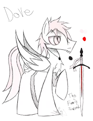 Size: 888x1150 | Tagged: safe, artist:didun850, derpibooru import, oc, oc:peace dove, unofficial characters only, pegasus, pony, chest fluff, frown, jewelry, male, necklace, pegasus oc, raised hoof, reference sheet, simple background, solo, stallion, sword, transparent background, weapon, wings