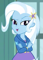 Size: 704x980 | Tagged: safe, derpibooru import, screencap, trixie, a little birdie told me, equestria girls, equestria girls series, cropped, crossed arms, female, raised eyebrow, solo