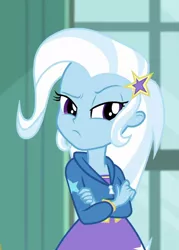 Size: 516x720 | Tagged: safe, derpibooru import, screencap, trixie, a little birdie told me, equestria girls, equestria girls series, cropped, crossed arms, female, raised eyebrow, solo