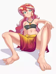 Size: 1544x2048 | Tagged: suggestive, artist:thebrokencog, derpibooru import, sunset shimmer, human, equestria girls, anime, armpits, barefoot, breasts, busty sunset shimmer, commission, feet, female, fetish, foot fetish, human coloration, looking at you, simple background, smiling, soles, solo, solo female, transparent background