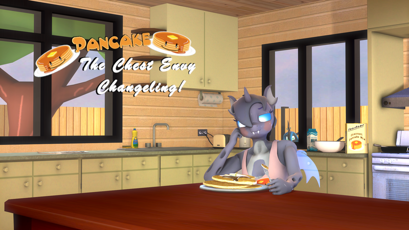 Size: 1920x1080 | Tagged: 3d, anthro, artist:dongly12, breasts, changeling, changeling oc, derpibooru import, eating, food, kitchen, oc, oc:pancake (changeling), pancakes, plantigrade anthro, queen chrysalis, source filmmaker, suggestive