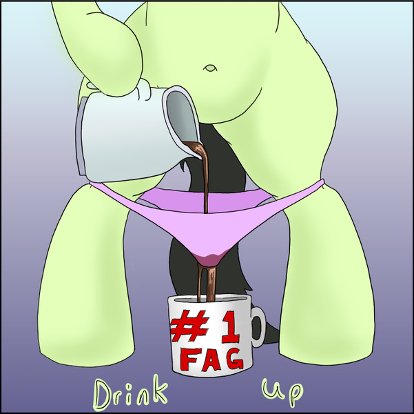 Size: 725x724 | Tagged: suggestive, artist:happy harvey, derpibooru import, oc, oc:anonfilly, unofficial characters only, earth pony, pony, belly button, clothes, coffee, coffee mug, colored, faggot, female, filly, food, kettle, mug, panties, panties around legs, panties pulled down, solo, tail, tea, underwear, vulgar