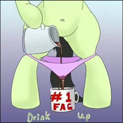 Size: 725x724 | Tagged: suggestive, artist:happy harvey, derpibooru import, oc, oc:anonfilly, unofficial characters only, earth pony, pony, belly button, clothes, coffee, coffee mug, colored, faggot, female, filly, food, kettle, mug, panties, panties around legs, panties pulled down, solo, tail, tea, underwear, vulgar