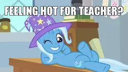 Size: 640x360 | Tagged: safe, derpibooru import, edit, edited screencap, screencap, trixie, pony, unicorn, a horse shoe-in, anatomically incorrect, caption, clothes, female, hat, hot for teacher, image macro, incorrect leg anatomy, mare, meme, on back, one eye closed, solo, text, trixie yells at everything, trixie's hat, wink, wizard hat