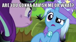 Size: 640x360 | Tagged: suggestive, derpibooru import, edit, edited screencap, screencap, starlight glimmer, trixie, pony, a horse shoe-in, burnt, cape, caption, clothes, confused, female, hat, image macro, lesbian, meme, shipping, singed, startrix, text, trixie yells at everything, trixie's cape, trixie's hat