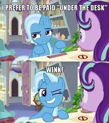 Size: 640x720 | Tagged: safe, derpibooru import, edit, edited screencap, screencap, phyllis, starlight glimmer, trixie, pony, unicorn, a horse shoe-in, caption, comic, female, globe, image macro, implied cunnilingus, implied oral, implied sex, innuendo, lesbian, mare, meme, one eye closed, school of friendship, screencap comic, shipping, starlight's office, startrix, text, trixie yells at everything, wink