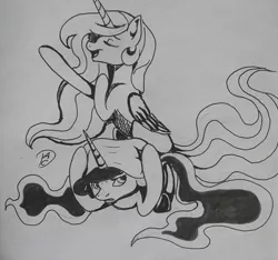 Size: 769x720 | Tagged: safe, artist:dreamyartcosplay, derpibooru import, princess celestia, princess luna, alicorn, pony, annoyed, duo, eyes closed, female, inktober 2016, lineart, mare, monochrome, pillow, siblings, singing, traditional art
