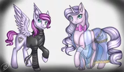 Size: 3202x1872 | Tagged: safe, artist:dreamyartcosplay, derpibooru import, oc, oc:anthea, oc:thorn, unofficial characters only, pegasus, pony, unicorn, clothes, dress, duo, female, horn, mare, pegasus oc, raised hoof, see-through, signature, unicorn oc, wings