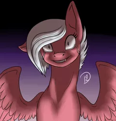 Size: 2398x2501 | Tagged: safe, artist:dreamyartcosplay, derpibooru import, oc, oc:dreamy thread, unofficial characters only, pegasus, pony, crying, female, gradient background, mare, pegasus oc, sad, signature, smiling, solo, spread wings, wings