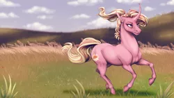 Size: 1920x1080 | Tagged: safe, artist:dementra369, derpibooru import, luster dawn, pony, unicorn, the last problem, digital art, female, grass, hill, hoers, mare, prancing, realistic, solo