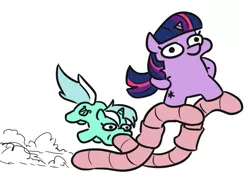 Size: 677x482 | Tagged: safe, artist:jargon scott, derpibooru import, lyra heartstrings, twilight sparkle, oc, oc:puddle worms™, earthworm, pony, unicorn, worm, bipedal, l.u.l.s., majestic as fuck, ponies riding worms, simple background, twiggie, wat, white background