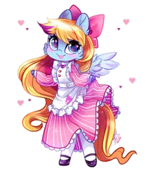 Size: 900x990 | Tagged: anthro, anthro oc, apron, arm hooves, artist:ipun, bow, chibi, clothes, derpibooru import, deviantart watermark, dress, female, friendship cafe, hair bow, heart, maid, mare, obtrusive watermark, oc, oc:ribbon love, pegasus, safe, shoes, simple background, socks, solo, transparent background, unguligrade anthro, unofficial characters only, watermark