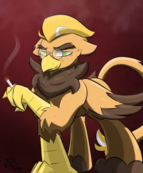 Size: 1500x1800 | Tagged: safe, artist:kingkrail, derpibooru import, oc, oc:krail, unofficial characters only, gryphon, cigarette, glasses, gradient background, looking at you, male, smoking, solo