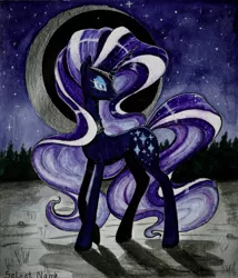 Size: 1848x2160 | Tagged: safe, artist:select name, derpibooru import, nightmare rarity, pony, unicorn, eyeshadow, female, jewelry, lidded eyes, makeup, mare, moon, night, regalia, solo, stars, traditional art