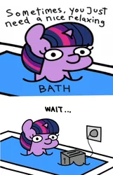 Size: 541x841 | Tagged: semi-grimdark, artist:handgunboi, derpibooru import, twilight sparkle, pony, unicorn, ..., bath, bathtub, cable, comic, electrical outlet, female, mare, shocking, simple background, solo, suicide joke, this will end in electrocution, this will not end well, toaster, too dumb to live, twiggie, water, white background