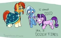 Size: 1280x792 | Tagged: safe, artist:ponyretirementhome, derpibooru import, starlight glimmer, sunburst, trixie, pony, unicorn, dialogue, female, glasses, male, mare, stallion