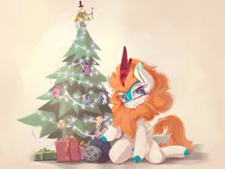 Size: 4000x3000 | Tagged: safe, artist:emerald-light, derpibooru import, applejack, fluttershy, pinkie pie, rainbow dash, rarity, twilight sparkle, oc, oc:rain dew, kirin, bill cipher, christmas, christmas lights, christmas ornament, christmas tree, decoration, gravity falls, holiday, kirin oc, kneeling, mane six, not autumn blaze, solo, tree