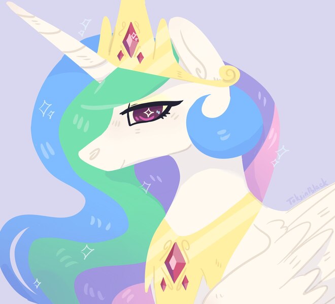 Size: 2200x2000 | Tagged: safe, artist:toksinblack, derpibooru import, princess celestia, alicorn, pony, bust, crown, ethereal mane, female, jewelry, mare, portrait, regalia, simple background, smiling, solo, starry eyes, starry mane, wingding eyes