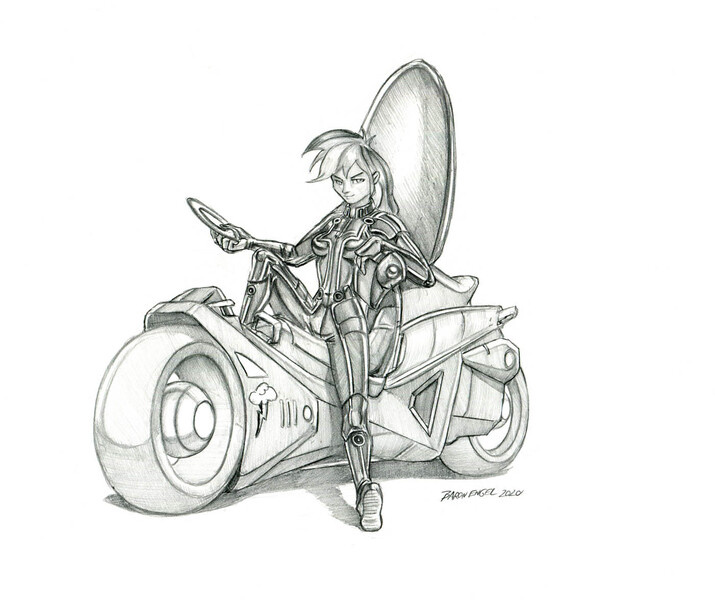 Size: 1400x1175 | Tagged: safe, artist:baron engel, derpibooru import, rainbow dash, equestria girls, bodysuit, breasts, crossover, female, grayscale, identity disk, lightcycle, looking at you, monochrome, pencil drawing, simple background, sitting, smiling, solo, traditional art, tron, white background