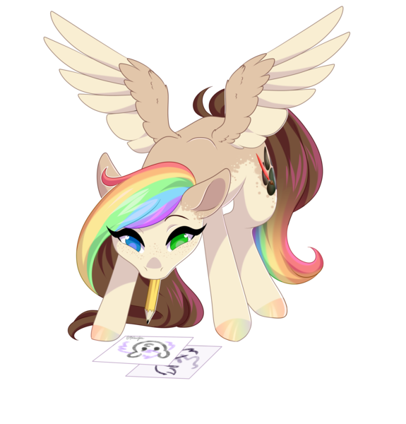 Size: 2707x2827 | Tagged: safe, artist:ohhoneybee, derpibooru import, oc, oc:splatter paw, pegasus, pony, female, mare, mouth hold, pencil, simple background, solo, transparent background