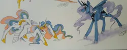 Size: 1779x703 | Tagged: safe, artist:creeate97, derpibooru import, princess celestia, princess luna, alicorn, pony, duo, female, laughing, majestic as fuck, mare, marker drawing, royal sisters, simple background, traditional art, white background