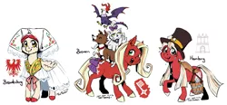 Size: 1953x908 | Tagged: safe, artist:taritoons, derpibooru import, edith (cockatrice), opalescence, winona, oc, oc:bumblebee, oc:swirly key, ponified, unnamed oc, cat, cockatrice, dog, earth pony, pegasus, pony, brandenburg, bremen, clothes, folk costume, germany, grimm's complete fairy tales, hamburg, hat, nation ponies, simple background, top hat, town musicians of bremen, white background