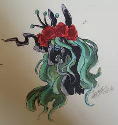 Size: 1088x1150 | Tagged: safe, artist:creeate97, derpibooru import, queen chrysalis, changeling, changeling queen, bust, female, flower, flower in hair, portrait, rose, solo, tongue out, traditional art