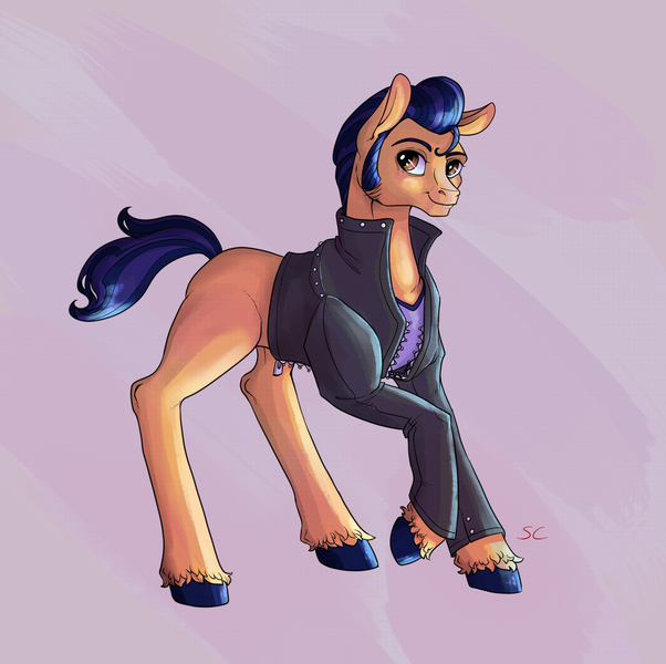 Size: 2645x2635 | Tagged: safe, artist:sourcherry, derpibooru import, oc, oc:pretty wreck, earth pony, pony, clothes, jacket, leather jacket, male, missing cutie mark, pompadour, sideways glance, smiling, smiling at you, solo, stallion