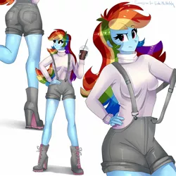 Size: 1600x1600 | Tagged: safe, artist:xjenn9, derpibooru import, rainbow dash, equestria girls, boots, breasts, busty rainbow dash, butt, clothes, commissioner:endbringer99, hand on hip, high heel boots, high heels, overall shorts, overalls, rainbutt dash, shoes, smiling, solo, strap slip