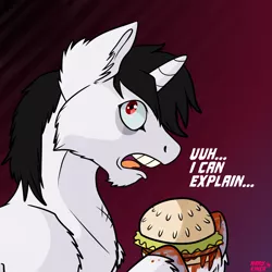 Size: 5000x5000 | Tagged: semi-grimdark, artist:marykimer, derpibooru import, oc, unofficial characters only, pony, unicorn, blood, burger, cannibal, cannibalism, dialogue, eating, food, horse meat, implied murder, meat, murderer, ponies eating meat, solo