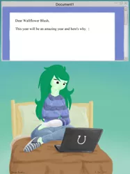 Size: 1600x2134 | Tagged: safe, artist:rockhoppr3, derpibooru import, wallflower blush, equestria girls, arm cast, bed, cast, computer, dear evan hansen, laptop computer, solo